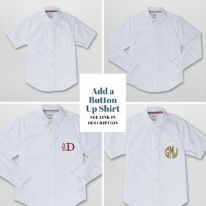 May include: Four white button-up shirts, two short-sleeved and two long-sleeved. Two shirts have embroidered initials, one with "ABD" in maroon and one with "GMJ" in gold.