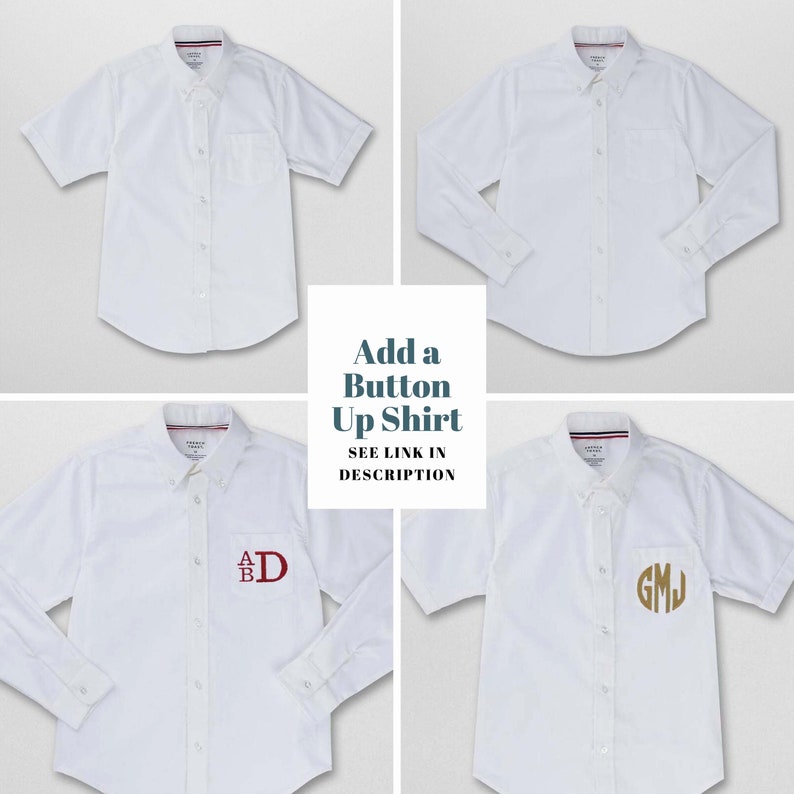 May include: Four white button-up shirts, two short-sleeved and two long-sleeved. Two shirts have embroidered initials, one with "ABD" in maroon and one with "GMJ" in gold.