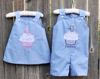 Twins first birthday dress or romper, personalized cupcake shortall longall or jumper, sibling matching birthday outfits for brother sister