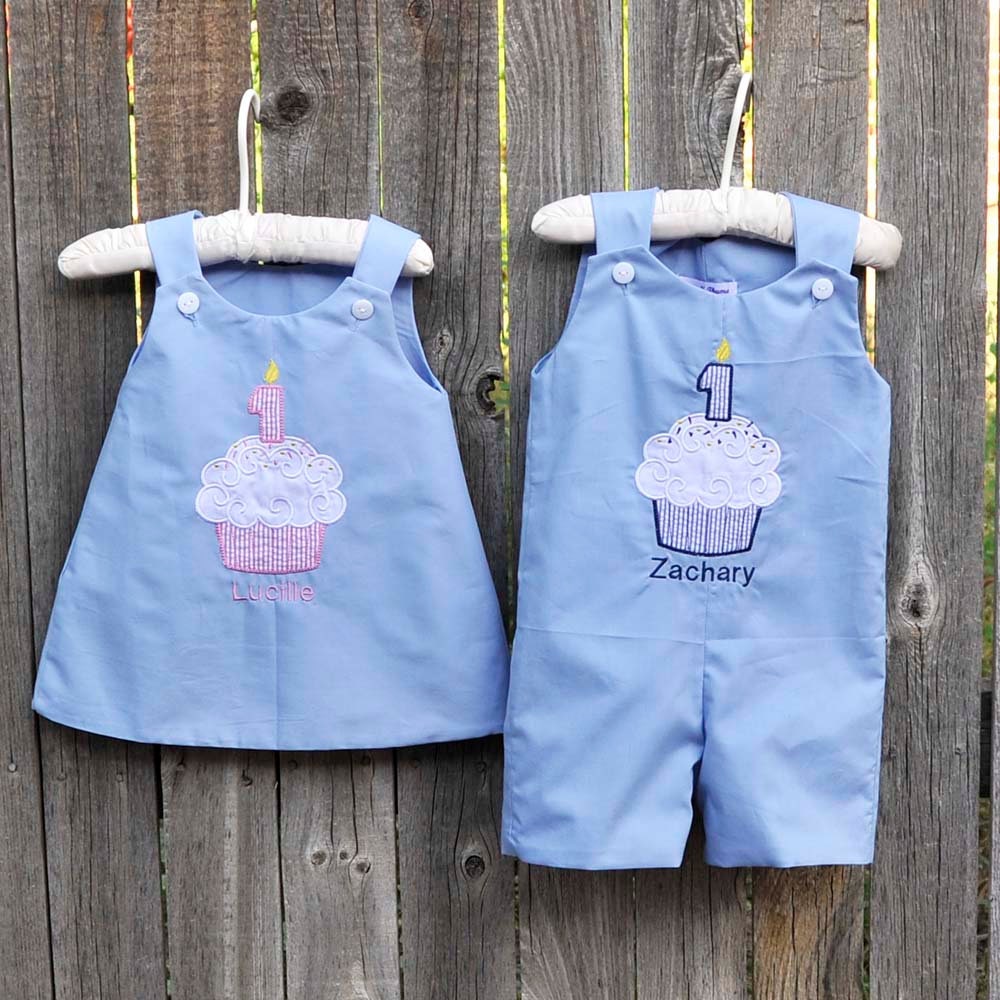 Twins first birthday dress or romper, personalized cupcake shortall longall or jumper, sibling matching birthday outfits for brother sister