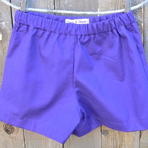 May include: Purple cotton shorts with an elastic waistband and a Sage N Thyme label.
