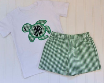 Baby turtle shirt Gingham applique shirt and shorts set monogram baby clothing matching brother sister birthday 6m,12m,18m,2t,3t,4t,5