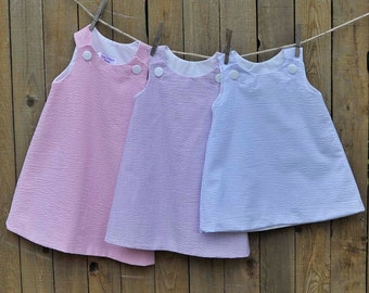 Girls A-line Seersucker Dress or jon jon romper, sibling matching shortalls, can be monogrammed with add on