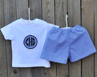 Monogrammed Blue Gingham shorts and shirt, boys gingham clothing, brother sister matching, many colors...3m,6m,9m,12m,18m,2t,3t,4t,5,6