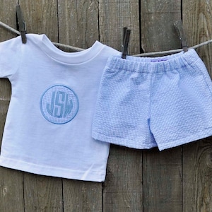 Monogrammed Seersucker shirt and shorts, personalized seersucker shirt sibling matching outfits 3m,6m,9m,12m,18m,2t,3t,4t,5,6
