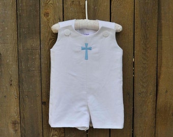 Cross Embroidered Linen Shortall, Longalls...Ringbearer, Beach Photos, Rustic Weddings, 3m,6m,9m,12m,18m,2t,3t