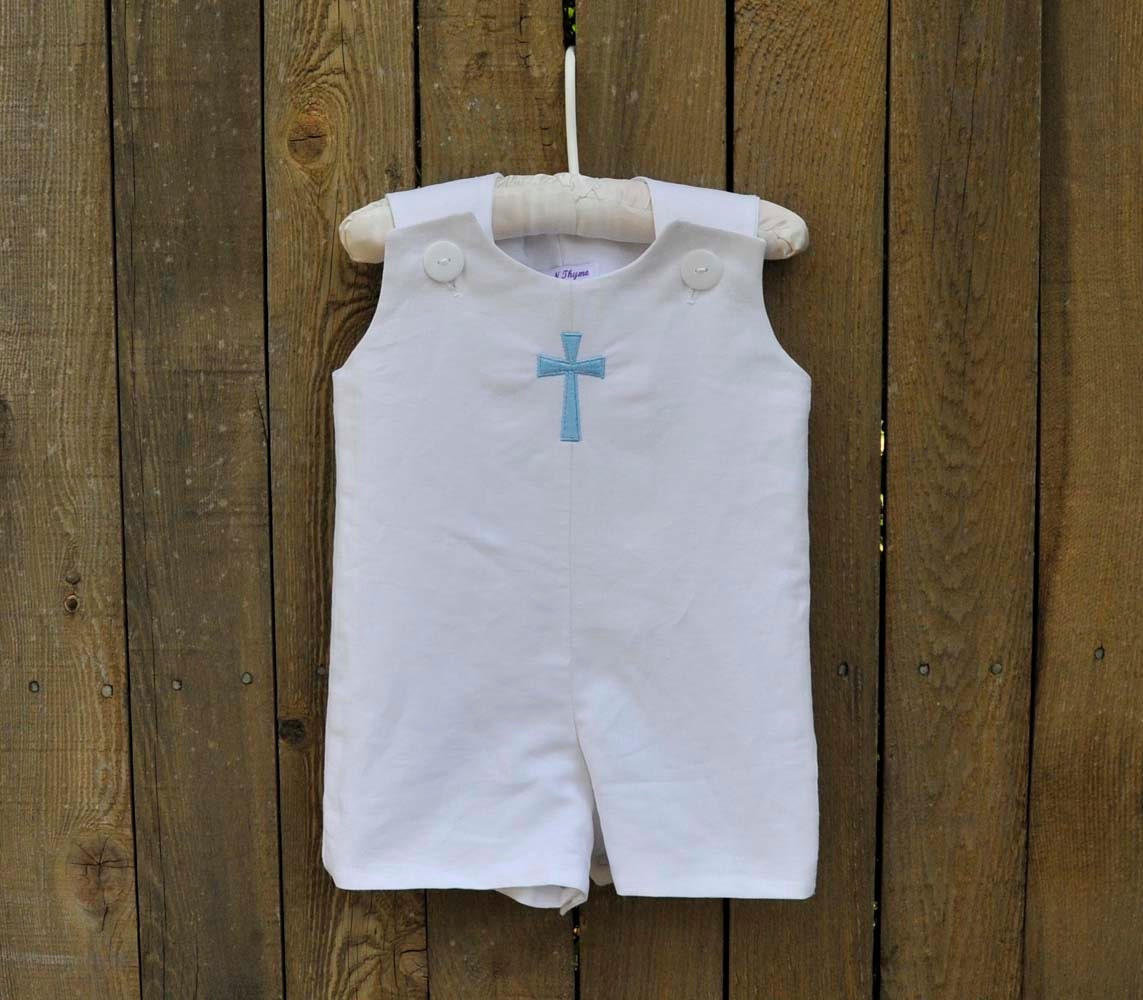Cross Embroidered Linen Shortall or Longalls romper, girls jumper dress for baptism or dedication, 3m,6m,9m,12m,18m,2t,3t