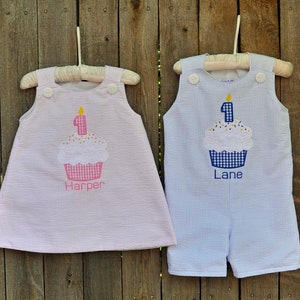 Seersucker Birthday romper Boys jon jon or girls Jumper dress, personalized first birthday cupcake outfit