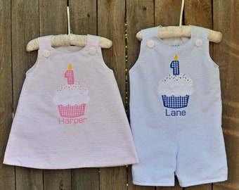 Seersucker Birthday romper Boys jon jon or girls Jumper dress, personalized first birthday outfit