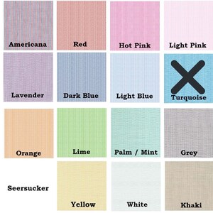 May include: A collection of fabric swatches in a grid, showcasing a range of colours such as Americana, red, hot pink, light pink, lavender, dark blue, light blue, turquoise, orange, lime, palm/mint, grey, seersucker, yellow, white, and khaki. Each swatch has a striped design.