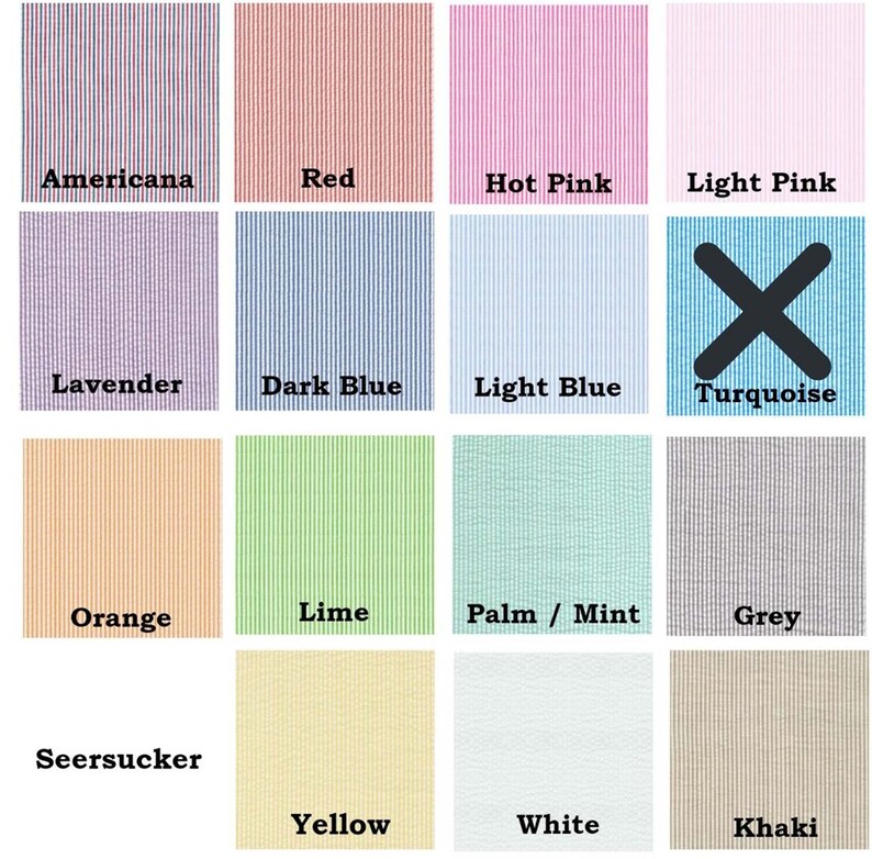 May include: A collection of fabric swatches in a grid, showcasing a range of colours such as Americana, red, hot pink, light pink, lavender, dark blue, light blue, turquoise, orange, lime, palm/mint, grey, seersucker, yellow, white, and khaki. Each swatch has a striped design.