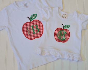 Monogrammed Back to School shirt, Gingham Apple personalized shirt with gingham shorts, pants, 3m,6m,9m,12m,18m,2t,3t,4t,5,6