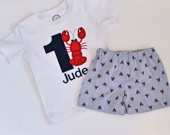 First Birthday Crawfish Monogrammed shirt and short set, shirt with red lobster shorts or pants, Pinch Me I'm One birthday theme