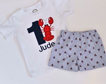 First Birthday Crawfish Monogrammed shirt and short or pants set, shirt with red lobster shorts or pants, Pinch Me I'm One birthday gift