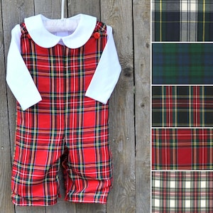 Christmas Red Plaid longalls, Tartan jumper dress or jon jon romper shortalls, shirt or monogram with add on, Sibling matching outfits