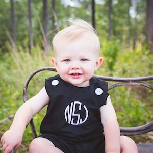 Baby Boy&#39;s Jon Jon, Black shortalls longall Romper or girls jumper dress, Personalized with add on for Wedding 3m,6m,9m,12m,18m,2t,3t