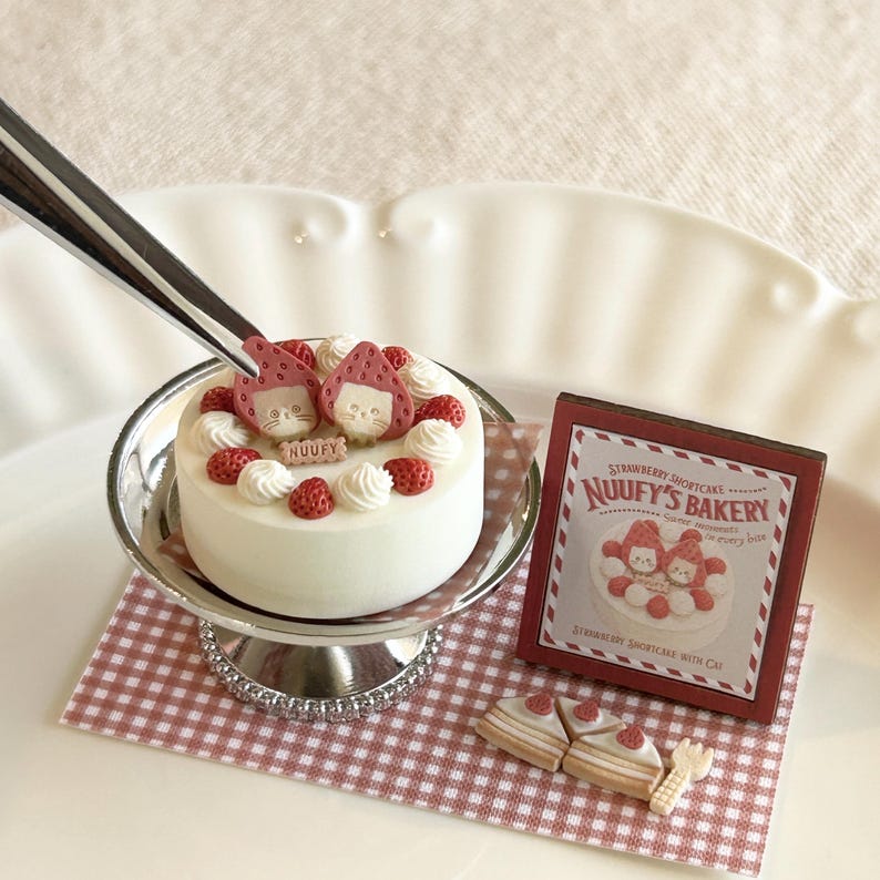 May include: A miniature strawberry shortcake with cat-shaped strawberry decorations, whipped cream, and fresh strawberries. The cake sits on a silver stand atop a red and white checkered cloth. A small box reads "Nuufy's Bakery".