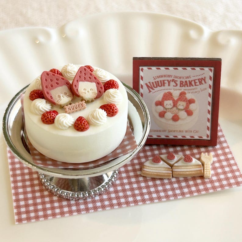 May include: A miniature strawberry shortcake with cat-shaped strawberry decorations, whipped cream, and fresh strawberries. The cake sits on a silver cake stand, next to a sign that reads "Nuuufy's Bakery". A miniature fork and cake slices are also present.