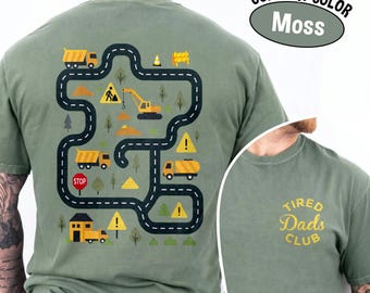Tired Dads Club Shirt with Construction Track Back Print, Funny Dad Gift Shirt, Interactive Car Road Shirt for Kids, Father’s Day Gift Idea