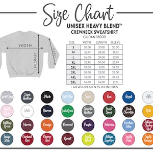 K&ouml;nnte beinhalten: Gr&ouml;&szlig;entabelle f&uuml;r ein Unisex Heavy Blend Crewneck Sweatshirt, Gildan 18000, mit Ma&szlig;en in Zoll. Die Tabelle enth&auml;lt die Gr&ouml;&szlig;en S bis 5XL mit Breiten-, L&auml;ngen- und &Auml;rmelma&szlig;en. Farboptionen werden unten angezeigt.
