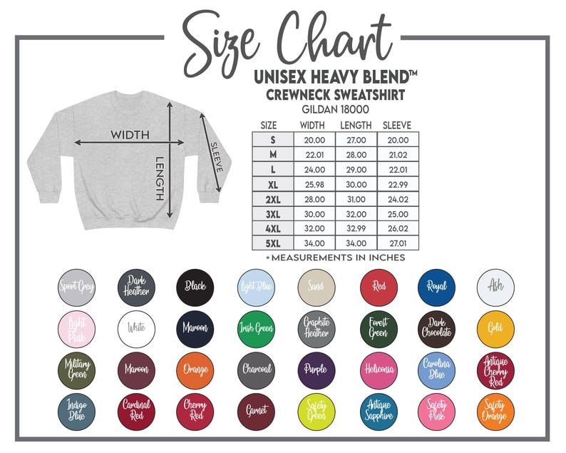 K&ouml;nnte beinhalten: Gr&ouml;&szlig;entabelle f&uuml;r ein Unisex Heavy Blend Crewneck Sweatshirt, Gildan 18000, mit Ma&szlig;en in Zoll. Die Tabelle enth&auml;lt die Gr&ouml;&szlig;en S bis 5XL mit Breiten-, L&auml;ngen- und &Auml;rmelma&szlig;en. Farboptionen werden unten angezeigt.