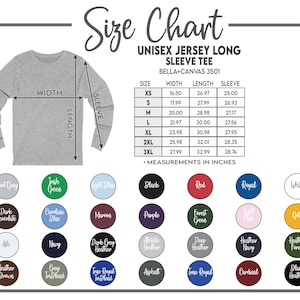 K&ouml;nnte beinhalten: Gr&ouml;&szlig;entabelle f&uuml;r ein Unisex-Langarm-T-Shirt, mit Ma&szlig;en in Zoll. Die Tabelle enth&auml;lt die Gr&ouml;&szlig;en XS bis 3XL mit Breiten-, L&auml;ngen- und &Auml;rmelma&szlig;en. Farboptionen werden in Kreisen angezeigt.