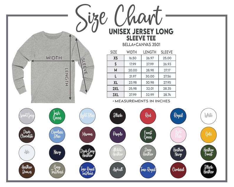 K&ouml;nnte beinhalten: Gr&ouml;&szlig;entabelle f&uuml;r ein Unisex-Langarm-T-Shirt, mit Ma&szlig;en in Zoll. Die Tabelle enth&auml;lt die Gr&ouml;&szlig;en XS bis 3XL mit Breiten-, L&auml;ngen- und &Auml;rmelma&szlig;en. Farboptionen werden in Kreisen angezeigt.
