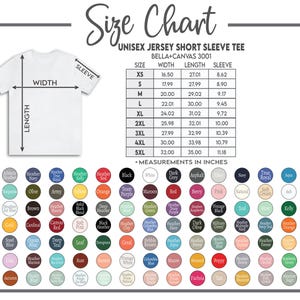 K&ouml;nnte beinhalten: Ein wei&szlig;es T-Shirt mit einer Gr&ouml;&szlig;entabelle, die Breite, L&auml;nge und &Auml;rmelma&szlig;e in Zoll angibt. Die Tabelle gilt f&uuml;r ein Unisex-Jersey-Kurzarm-T-Shirt, Bella + Canvas 3001. Eine Farbpalette der verf&uuml;gbaren Hemdfarben wird ebenfalls angezeigt.