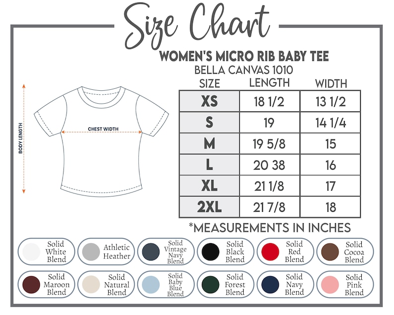 K&ouml;nnte beinhalten: Gr&ouml;&szlig;entabelle f&uuml;r ein Micro-Rib-Baby-T-Shirt f&uuml;r Damen, Bella Canvas 1010. Die Tabelle zeigt Ma&szlig;e in Zoll f&uuml;r die Gr&ouml;&szlig;en XS bis 2XL, einschlie&szlig;lich L&auml;nge und Brustweite. Verschiedene Farben sind verf&uuml;gbar.