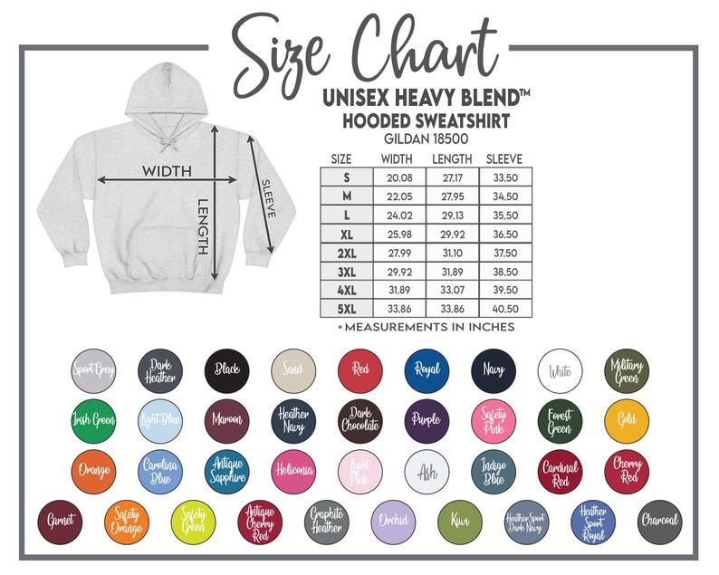 K&ouml;nnte beinhalten: Gr&ouml;&szlig;entabelle f&uuml;r einen Unisex Heavy Blend Kapuzenpullover, Gildan 18500. Die Tabelle enth&auml;lt Ma&szlig;e in Zoll f&uuml;r Breite, L&auml;nge und &Auml;rmel f&uuml;r die Gr&ouml;&szlig;en S bis 5XL. Farbauswahl in kreisf&ouml;rmigem Format.