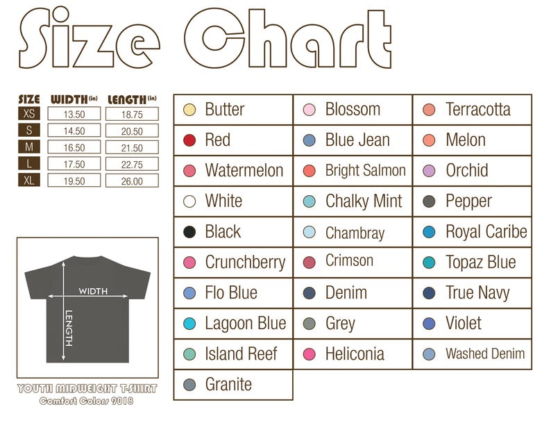 May include: Size chart for a youth midweight t-shirt, Comfort Colors 9016. Includes measurements in inches for XS, S, M, L, and XL sizes. Features a color palette with names like Butter, Red, and Watermelon, and a t-shirt graphic.