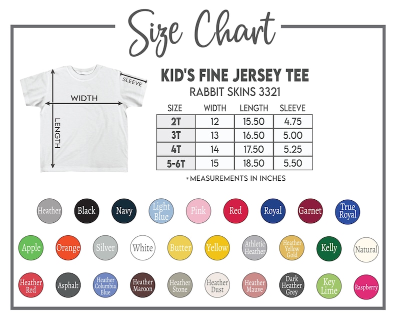K&ouml;nnte beinhalten: Ein wei&szlig;es Kid's Fine Jersey T-Shirt mit Gr&ouml;&szlig;entabelle. Die Tabelle listet Gr&ouml;&szlig;en von 2T bis 5-6T auf, mit Ma&szlig;en in Zoll f&uuml;r Breite, L&auml;nge und &Auml;rmel. Farboptionen sind u.a. Heather, Black, Navy.