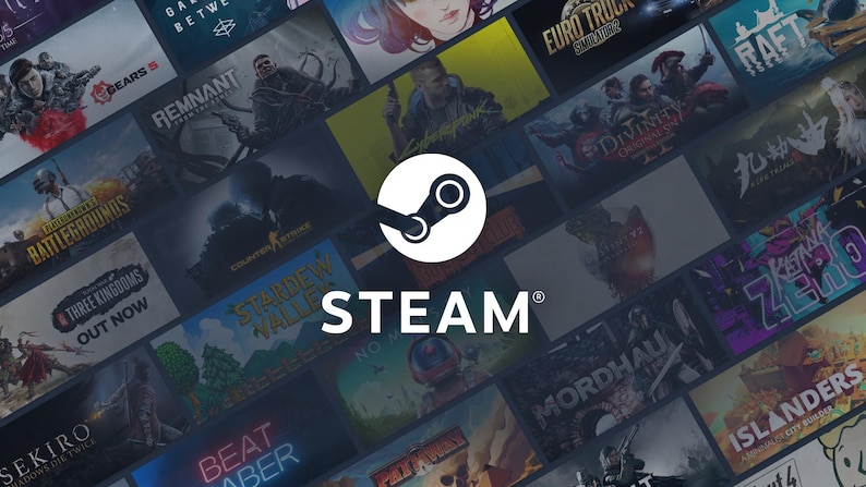 May include: A collage of video game covers with the Steam logo in the center. The logo is a white circle with a gear-like symbol and the word "STEAM" in white text. Game titles include "SEKIRO," "BATTLEGROUNDS," and "STARDEW VALLEY."