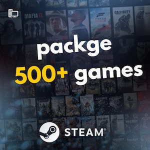 May include: A promotional image for Steam featuring a collage of game covers. The text "packge 500+ games" is prominently displayed in white and yellow. The Steam logo is at the bottom, with the word "STEAM" below it.
