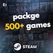 May include: A promotional image for Steam featuring a collage of game covers. The text "packge 500+ games" is prominently displayed in white and yellow. The Steam logo is at the bottom, with the word "STEAM" below it.