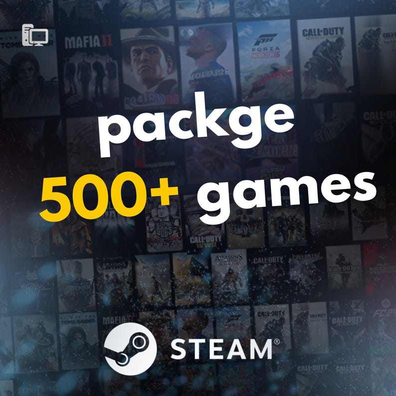 May include: A promotional image for Steam featuring a collage of game covers. The text "packge 500+ games" is prominently displayed in white and yellow. The Steam logo is at the bottom, with the word "STEAM" below it.