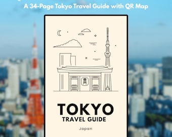 以下が含まれることがあります： 「TOKYO TRAVEL GUIDE」と書かれた旅行ガイド。黒い枠線で囲まれ、日本のランドマークの線画が描かれています。「Explore TOKYO Like a Local」と「Created by a Local Japanese」の文字が含まれています。