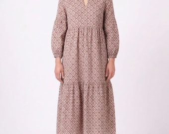 Abito midi in cotone marrone con stampa a blocchi, maniche lunghe, stile boho