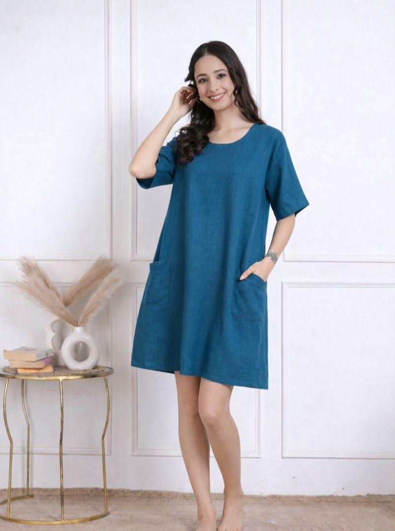 Teal Blue Linen Blend Shift Dress | Casual Summer Tunic with Pockets