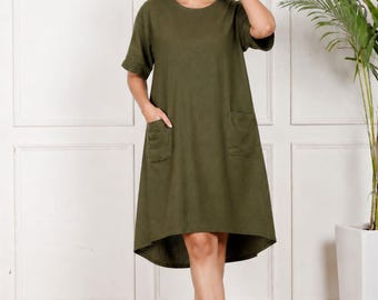 Handmade Olive Green Linen Top | Relaxed Fit Summer Dress