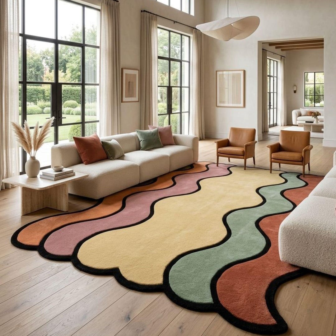 Retro Wavy Tufted Wool Rug - Colorful Mid Century Modern Area Rug ...