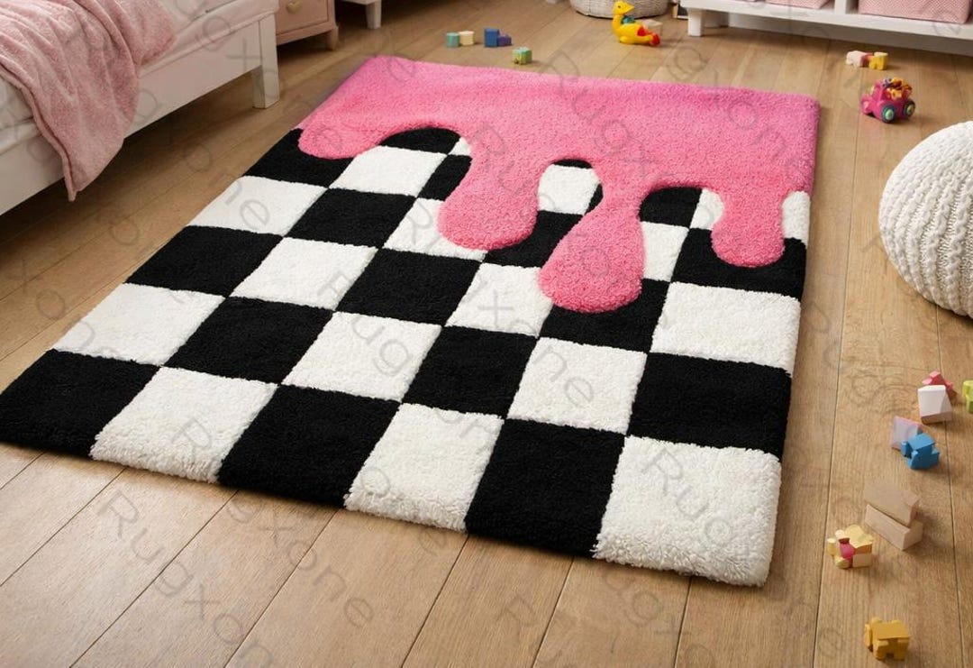 Modern Melting Hand Tufted Rug, Pink Kids Room Rug, Box Black White ...