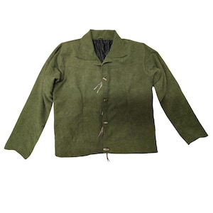 May include: Olive green corduroy jacket with long sleeves and a collared neckline. The jacket has wooden buttons and decorative leather ties. The interior lining is black.