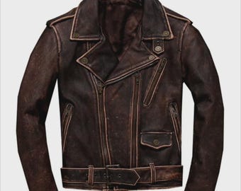 Men’s Vintage Motorcycle Biker Cafe Racer Distressed Brown Real Leather Jacket Gift for Him