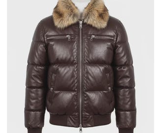 Men’s Real Lambskin Leather Puffer Jacket Fur Collar Bomber Winter Coat gift for him