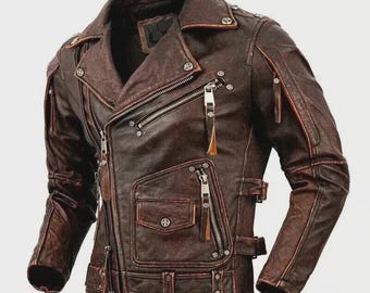 Men’s Motorcycle Biker Vintage Cafe Racer Distressed Brown Real Leather Jacket Gift for Him