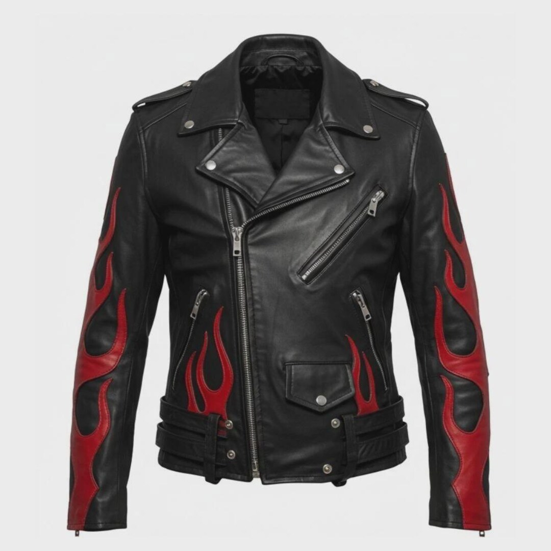 Men’s Black Leather Biker Jacket Red Flame Inlay Gift for Him - Etsy