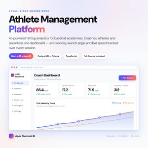 May include: A digital interface for an Athlete Management Platform featuring a Coach Dashboard with metrics like average exit velocity of 86.4 mph, launch angle of 17.2, bat speed of 71.9 mph, and 312 sessions logged, including an exit velocity trend graph.