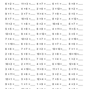 May include: A black and white printed maths worksheet featuring a header with Name, Date, and Score /100 p.1. The page contains a grid of seventy multiplication problems arranged in five columns, each followed by a blank line for writing the answer.