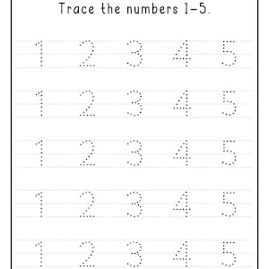 Puede incluir: Una hoja de ejercicios educativa blanca con texto negro y líneas punteadas para practicar la escritura. El encabezado dice Name y Date. La instrucción dice Trace the numbers 1-5. Debajo hay cinco filas de números punteados del 1 al 5.